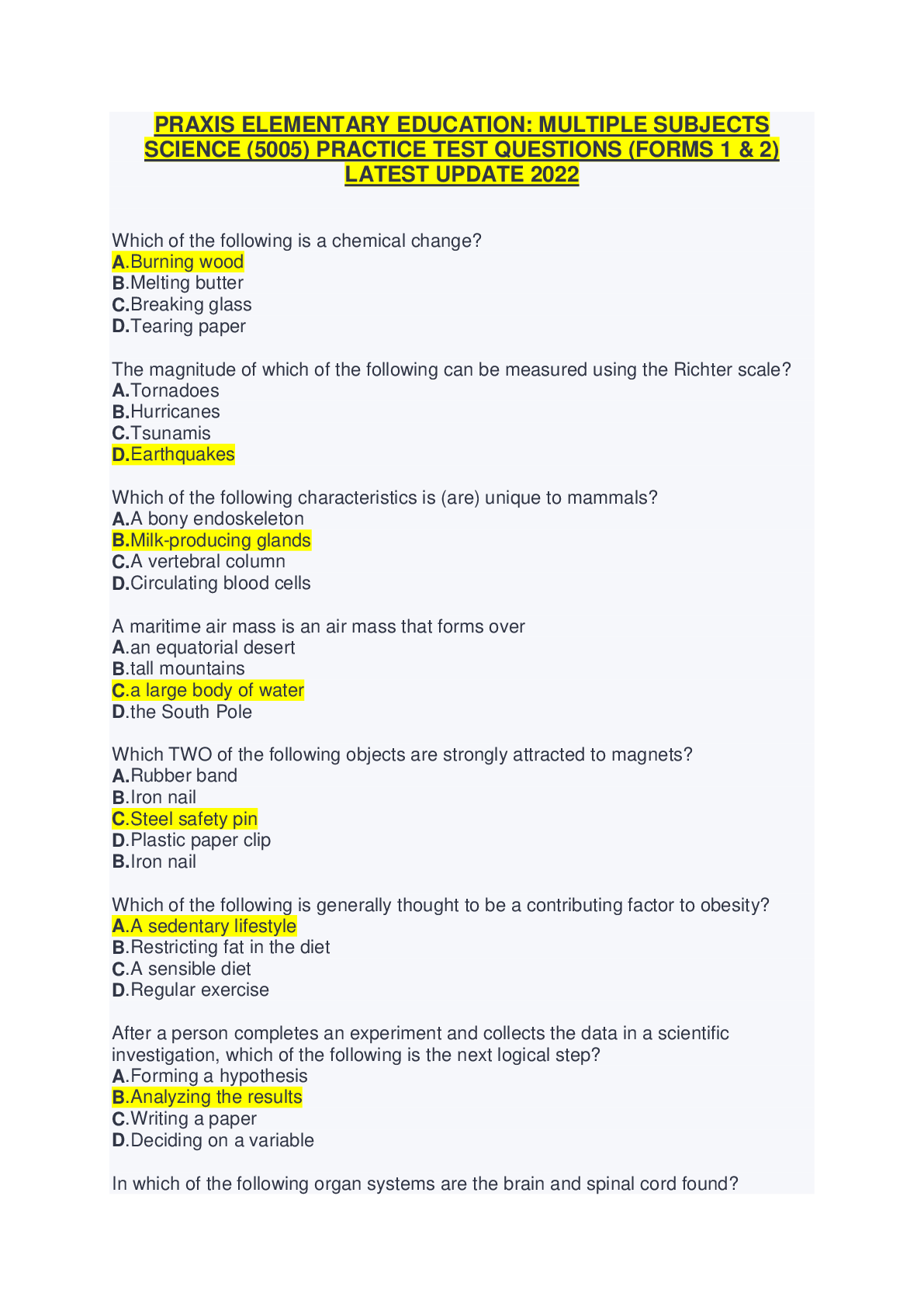 Preview of PRAXIS ELEMENTARY EDUCATION: MULTIPLE SUBJECTS  SCIENCE (5005) PRACTICE TEST QUESTIONS (FO